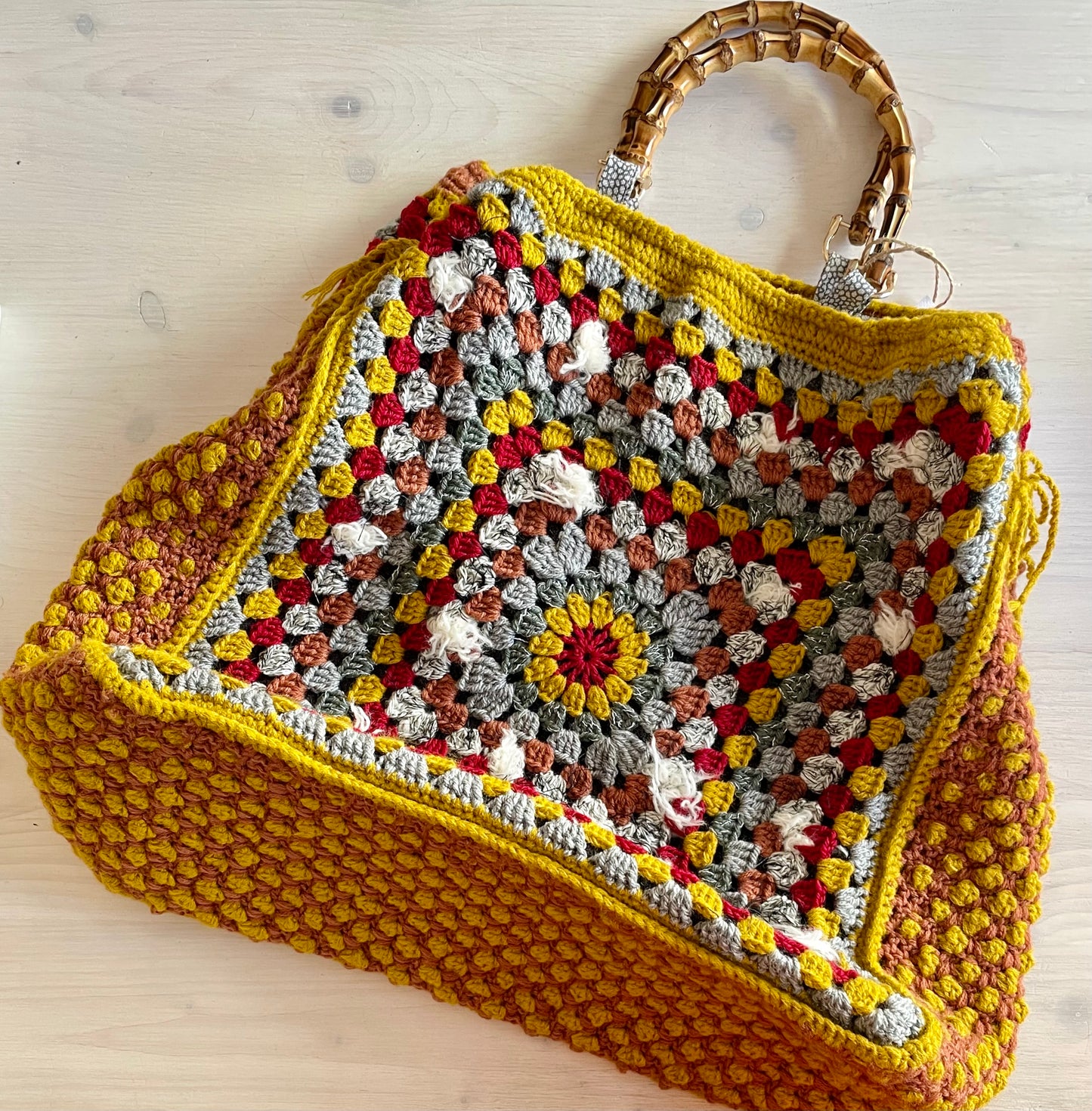 Granny Crochet Bag with bamboo handles