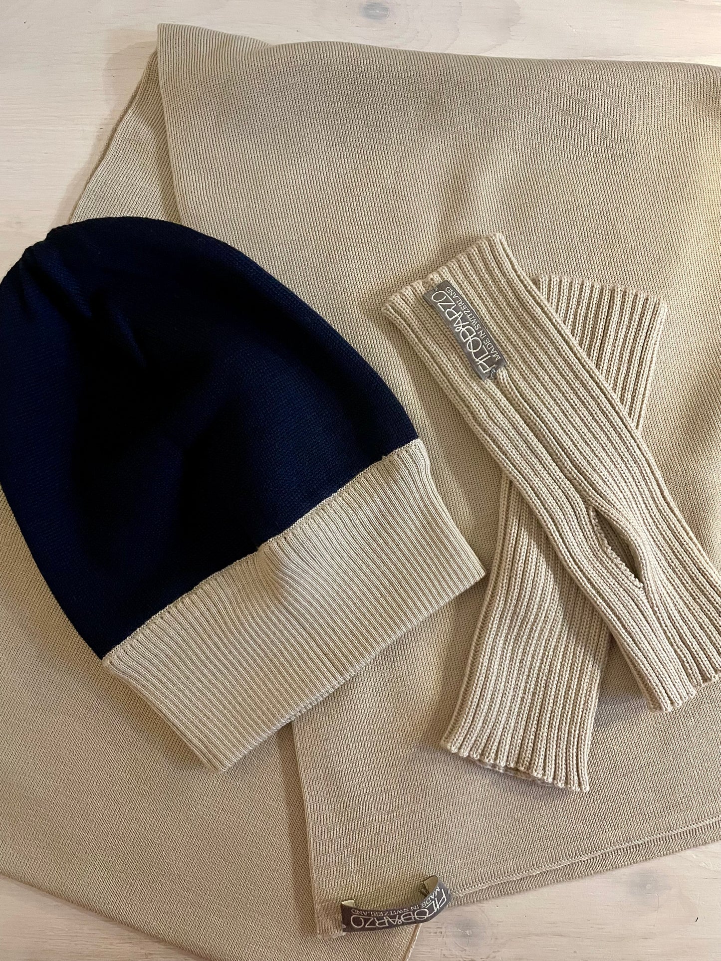 Cozy gift set - Scarf, Beanie and wrist warmers - Sand and Blue