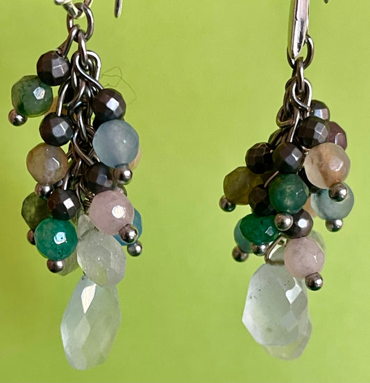 Multi-colored cluster drop earrings.